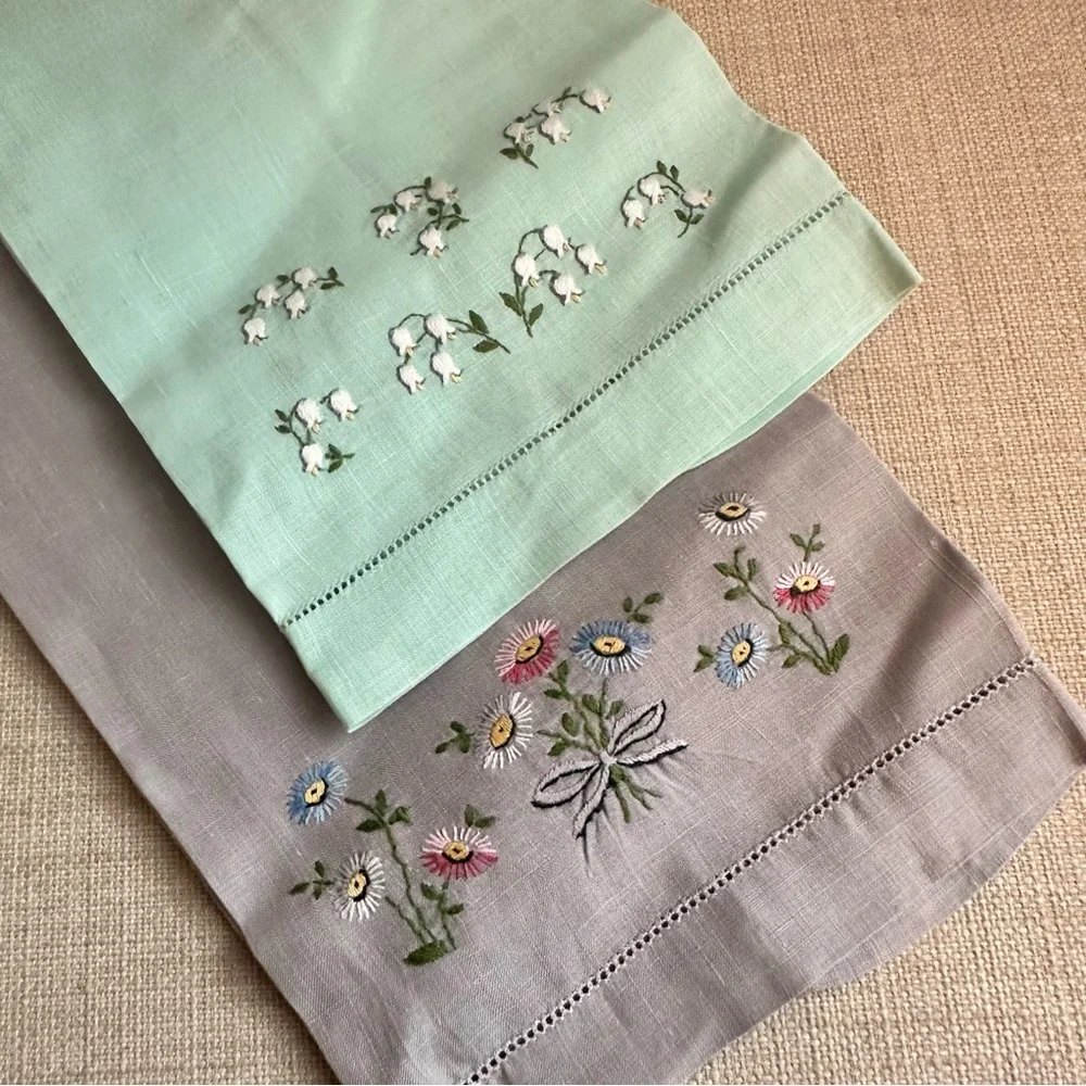 Vintage Hand Embroidered Tea Kitchen Towels Set Of 2 Florals Pastel Linen Blue